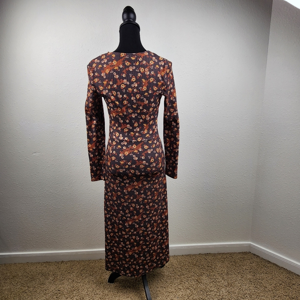 Retro 70's Brown Orange Floral Long Sleeve Prairie Midi Dress Women's Size 2, XS - Picture 5 of 8